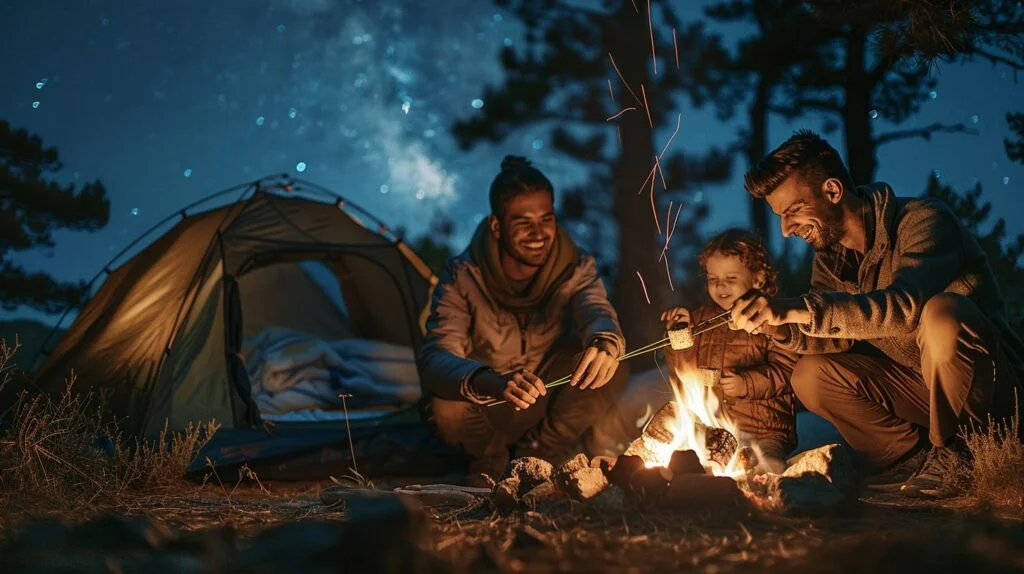 A family gathered around a crackling bonfire, sharing stories and laughter under the starlit sky.