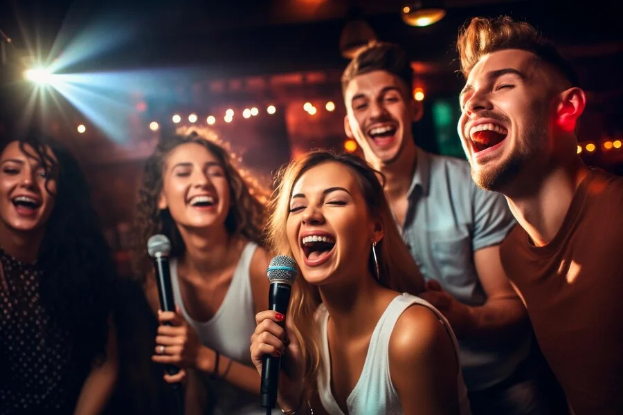 A group of friends singing karaoke in a brightly lit room.