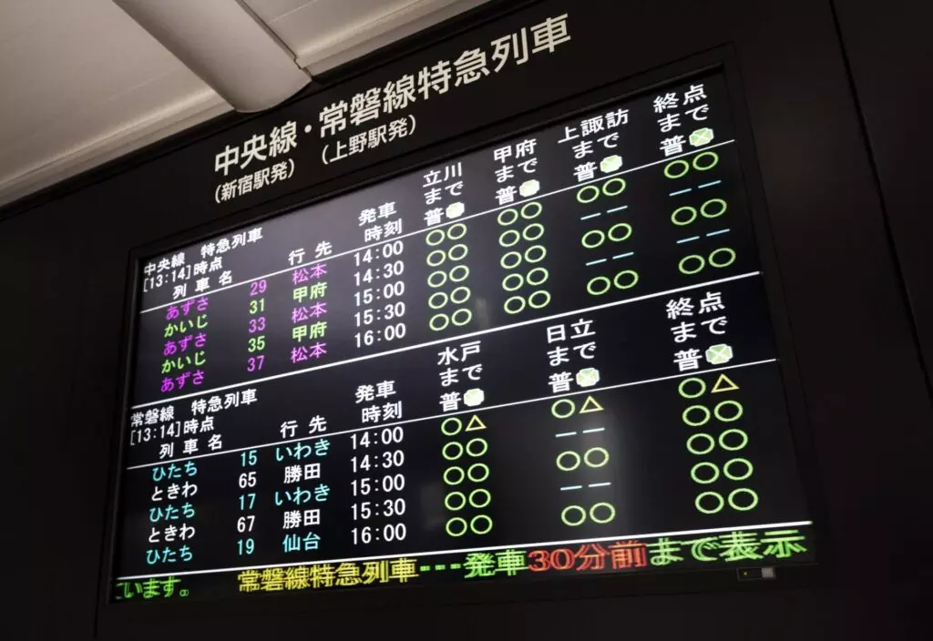 Display board showing the timetable of KTM Shuttle services at a train station.