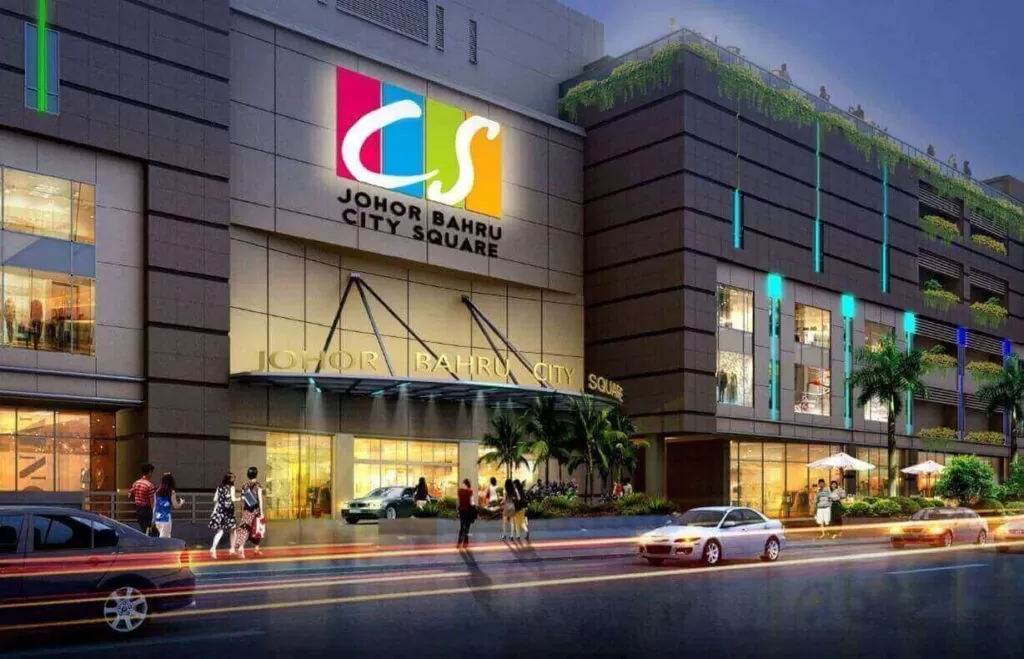 Exterior view of Johor Bahru City Square mall bustling with shoppers and tourists.