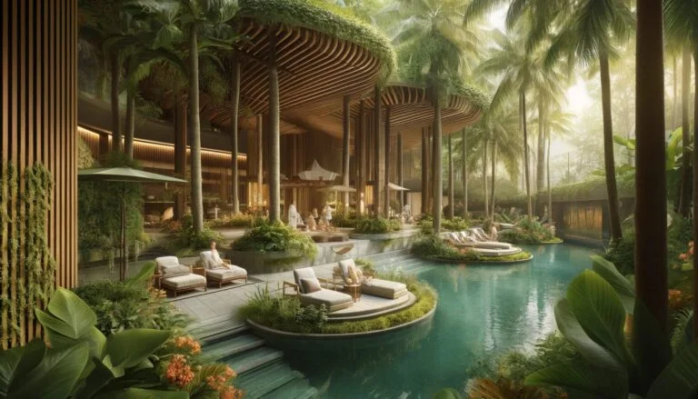 Luxurious tropical resort with lush greenery.